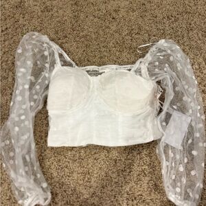 White Sheer Polka Dot Long Sleeve Crop Top size S NWT